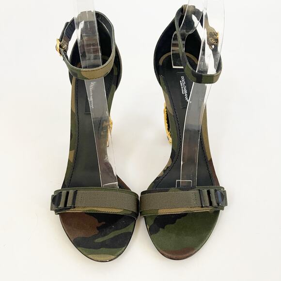 Dolce & Gabbana Keira Green Camouflage DG Logo Baroque Heel Sandals IT 39.5 - Picture 5 of 10